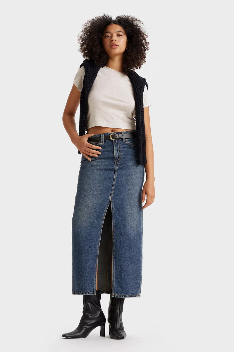 Ankle Column Denim Skirt Wave Hello